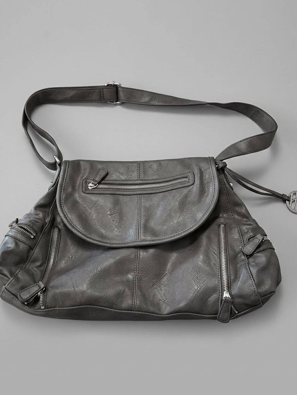 Style & Co Gray Faux Leather Slouchy Shoulder Bag Multi Pocket